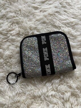 PINK Victoria's Secret Silver Glitter Zip Wallet with Black Trim